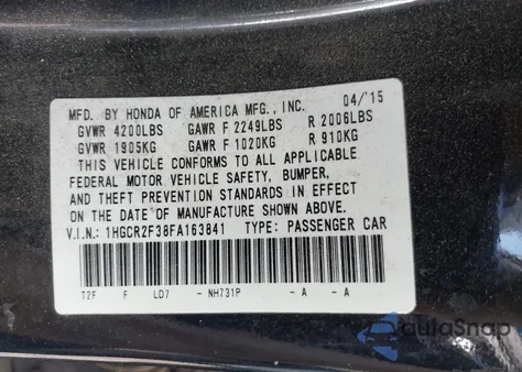 2015 Honda Accord Lx from USA, damaged, VIN 1HGCR2F38FA163841
